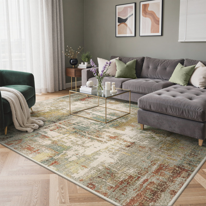 Pavelina Abstract Machine Washable Mosaic / Ivory White Indoor Area Rug With Non-Slip Backing, Rectangle 5' x 7'