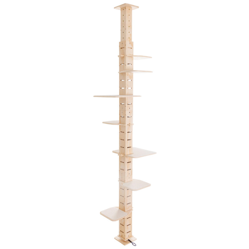 Structure d'escalade à hauteur réglable pour chat. Multi-niveaux. Fabriqué avec une planche multicouche en pin. Tapis en flanelle sur des tablettes pour le confort. La conception verticale permet d'économiser de l'espace au sol. Pas de perçage