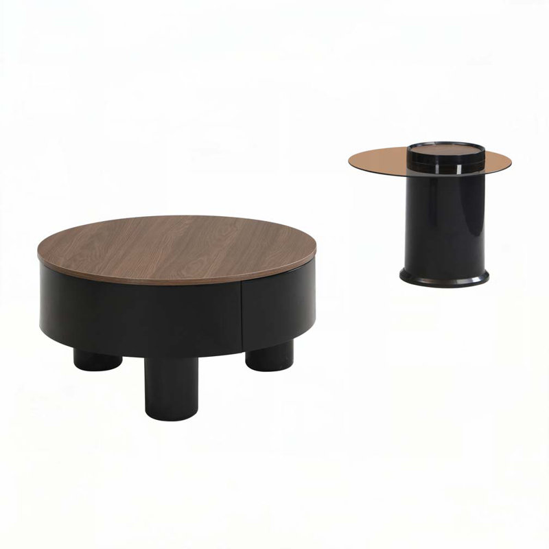 Ensemble de deux tables basses gigognes rondes, Brun, Noir