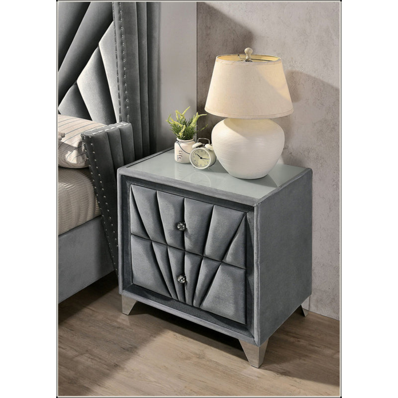 Table de chevet rembourrée en tissu avec 2 tiroirs, gris