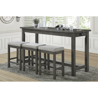 Ensemble de salle à manger 4 pièces à hauteur de comptoir avec table à finition grise et tiroirs avec ports USB intégrés et 3 tabourets