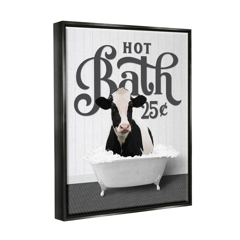 «Hot Bath Farmhouse Cow», art mural encadré sur toile flottante par lettré et doublé, Cadre flottant noir de jais