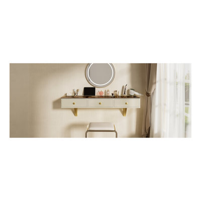 GO 47" Floating Shelf With Drawer, Multi-Purpose Wall-Mounted Vanity Table, Mounted Desk, Floating Table For Bedroom, Bathroom, Hairdressers,  Beige And Golden