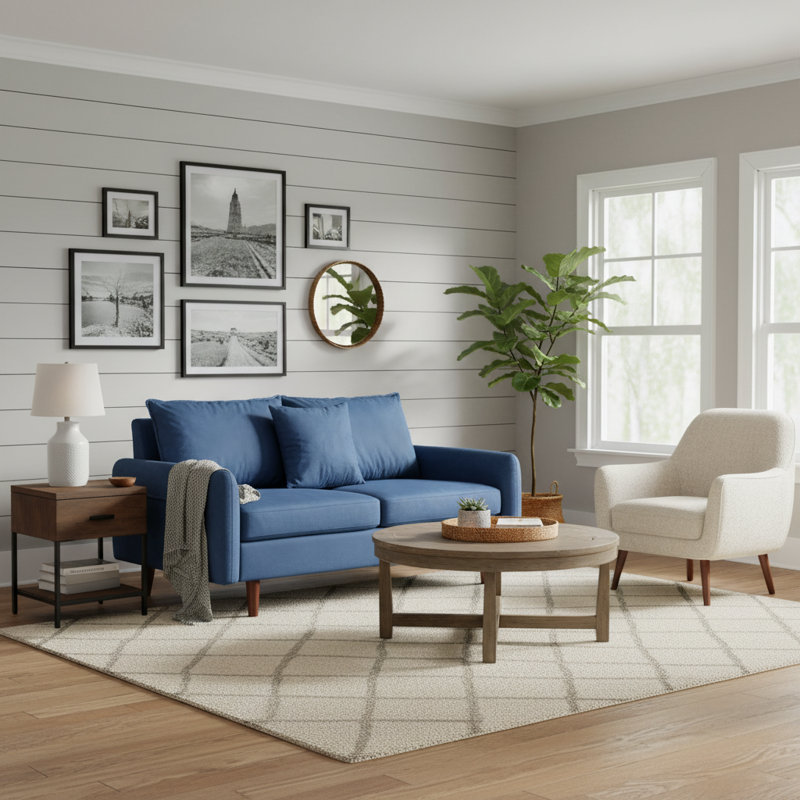  56" Wide Velvet Round Arm Loveseat, Featuring Side Storage Pockets and a Small Square Throw Pillow, Space Blue