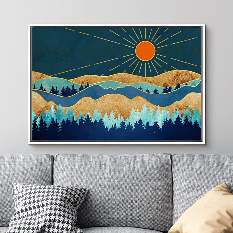 Sun Mountain Range " Shining Orange Sun Over Granite Mountain Forest ", White Floater Frame, 16" H x 24" W