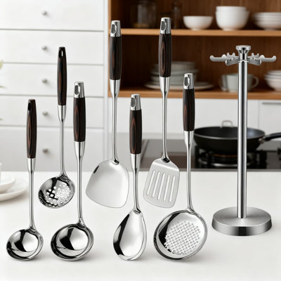 Ensemble d'ustensiles de cuisine 8 pièces en acier inoxydable de qualité professionnelle 8 pièces avec tourneur à fentes, cuillère à spaghetti, louche à soupe et flipper pour la cuisson, la friture et le service