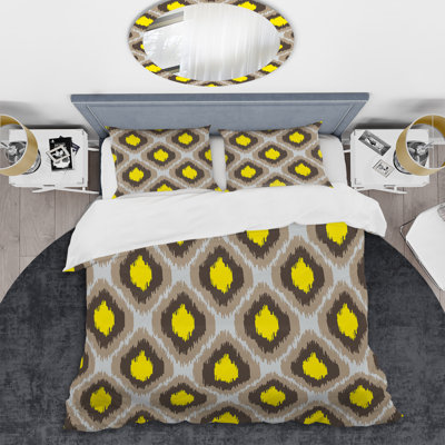 Ensemble de housse de couette abstrait jaune et brun Ikat Ogee - Microfibre de polyester
