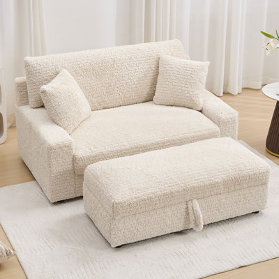 61.8” Lambswool Chaise Lounge Chair Indoor, Modern Sleeper Couch Chair With 2 Pillows& Moveable Storage Ottoman