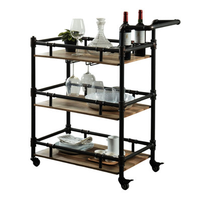 Solid Wood Serving Cart - Industrial Style With Antique Black Accents Cart, 3 Natural Oak Top by 17 Stories