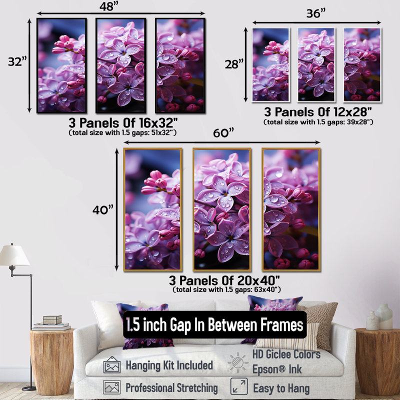 «Pink Lilacs Photo Harmony I», ensemble d'art sur toile lilas, Cadre flottant blanc, H 32 po x l 48 po x P 1 po