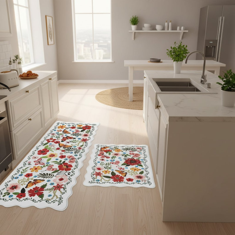 2 tapis de cuisine Boho - imperméables, rembourrés, anti-fatigue et antidérapants, Blanc