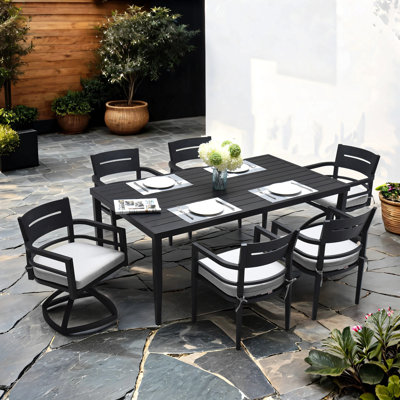 Ensemble 7 pièces de mobilier d'extérieur en aluminium pour patio, ensemble de salle à manger moderne, comprenant 4 chaises de salle à manger et 2 chaises à bascule pivotantes en tissu Sunbrella
