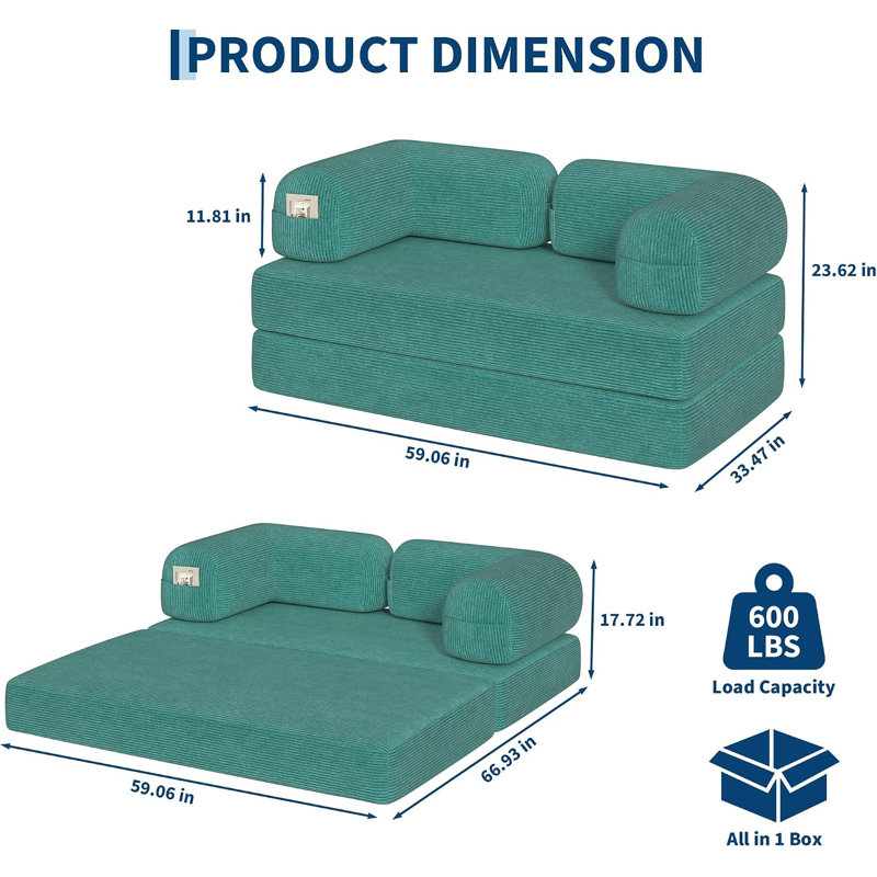 Lit futon convertible 4-en-1 en velours côtelé pour économiser de l'espace