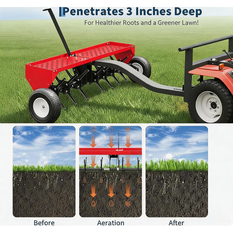 40-Inch Tow Behind Plug Aerator, Pull Behind Aerator with Durable Steel Tines Lawn, Black + Red