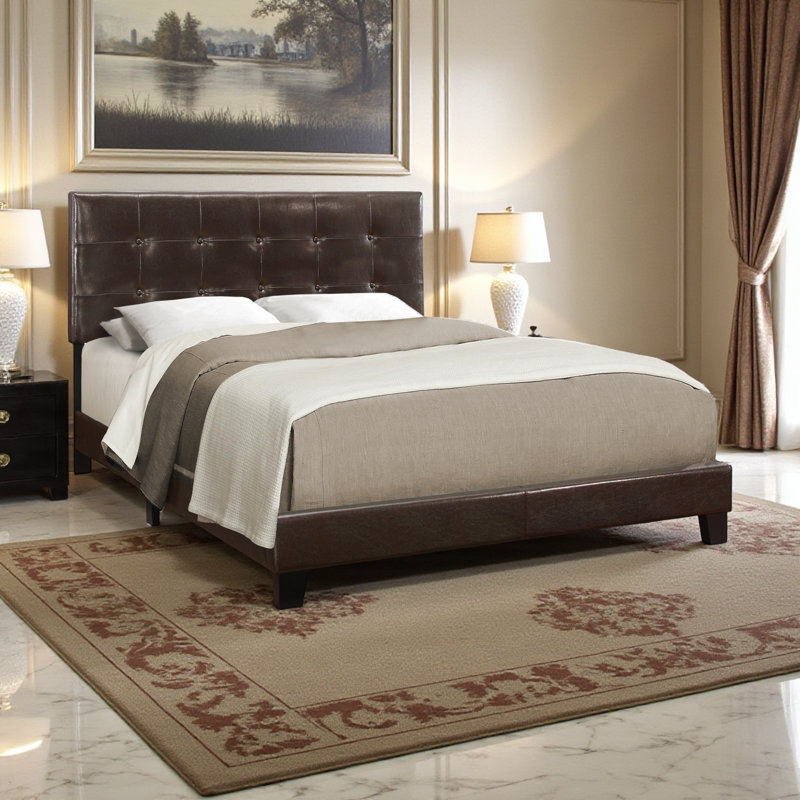 Warminster Transitional Brown Leather Look in Queen Size Bed, 45.6'' H X 64.05'' W X 85.11'' L