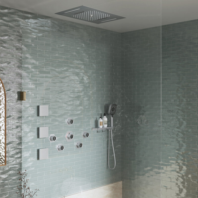 35"L x 12"W Flush-Mount Luxury Thermostatic Shower System with 3 Body Jets and Storage Shelf, Brushed Nickel