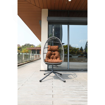 Fauteuil à œufs brun avec support, balancelle suspendue en osier d'extérieur avec porte-gobelet, garde-corps et coussins amovibles, convient au balcon, panier de loisirs universel d'intérieur et d'extérieur