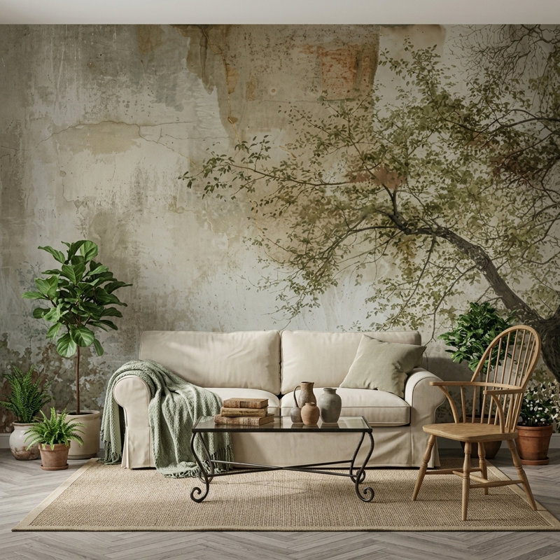 Décoration murale en branches d'arbres délicates feuilles de plâtre vieilli amovible, 100 po x 96 po, Non tissé