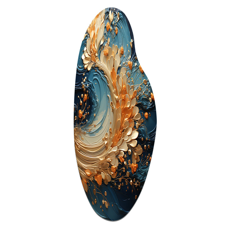 Golden Sapphire Surge I - spirales abstraites, art mural incurvé en métal, reproduction d'art asymétrique moderne