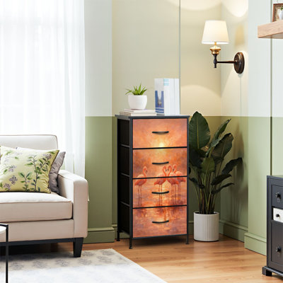 Commode 4 tiroirs pour chambre à coucher, commode étroite, plateau en bois et structure de bureau en fer 18 po x 37,5 po (lxH) - avec un élégant imprimé abstrait de flamants roses au coucher du soleil
