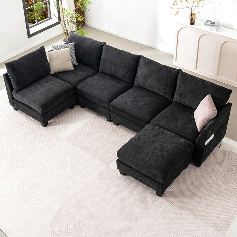 Canapé modulaire de 124 po avec repose-pieds, Noir