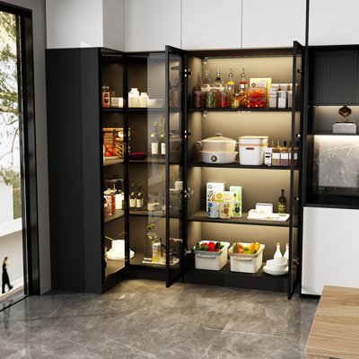 L-Shaped Bookcase Set With Tempered Glass Doors, Aluminum Alloy Frame And 3-Color LED Shelf Lighting