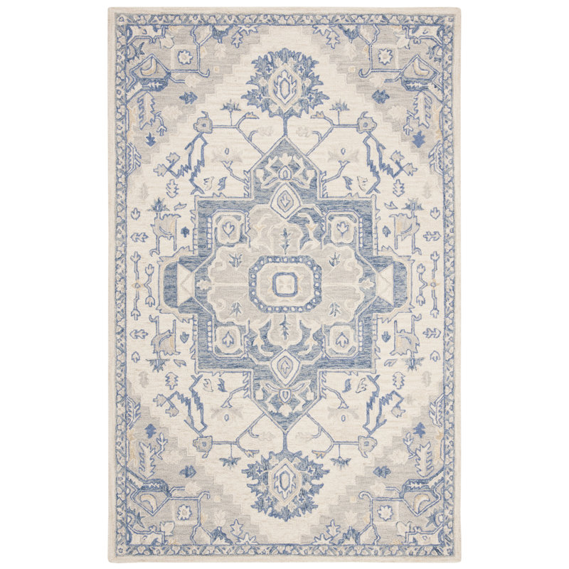 Cuvier Hand Tufted Wool Cotton Oriental Rug in Blue/Ivory, Rectangle 2'6" x 4'