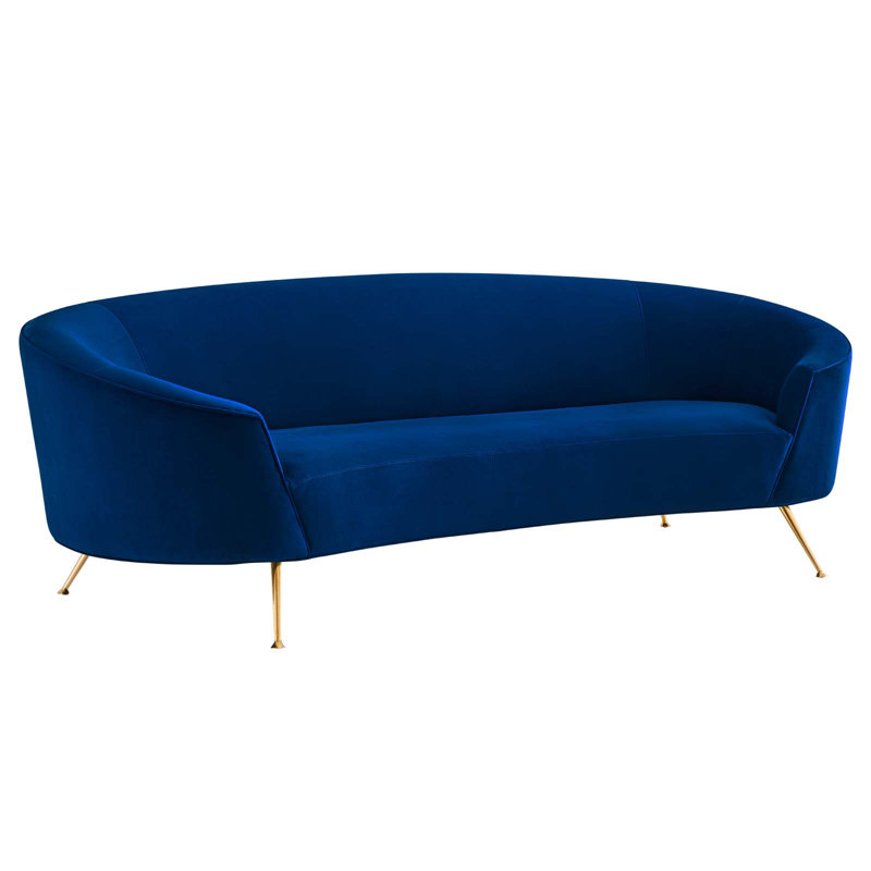 Navy Velvet Curved Sofa with Gold Legs and Sloped Arms