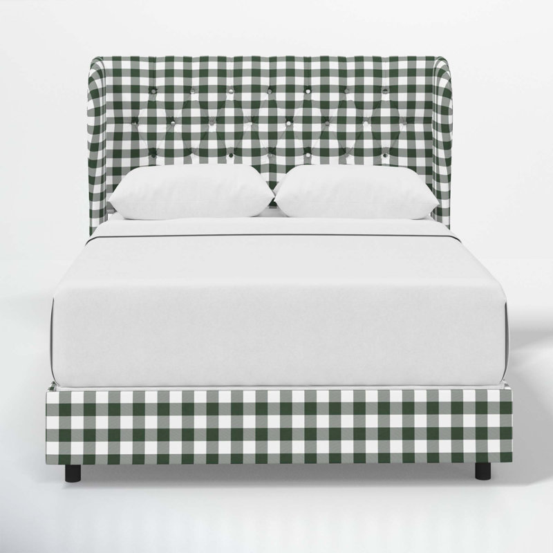 Tomey Upholstered Wingback Bed, King, Classic Gingham Evergreen