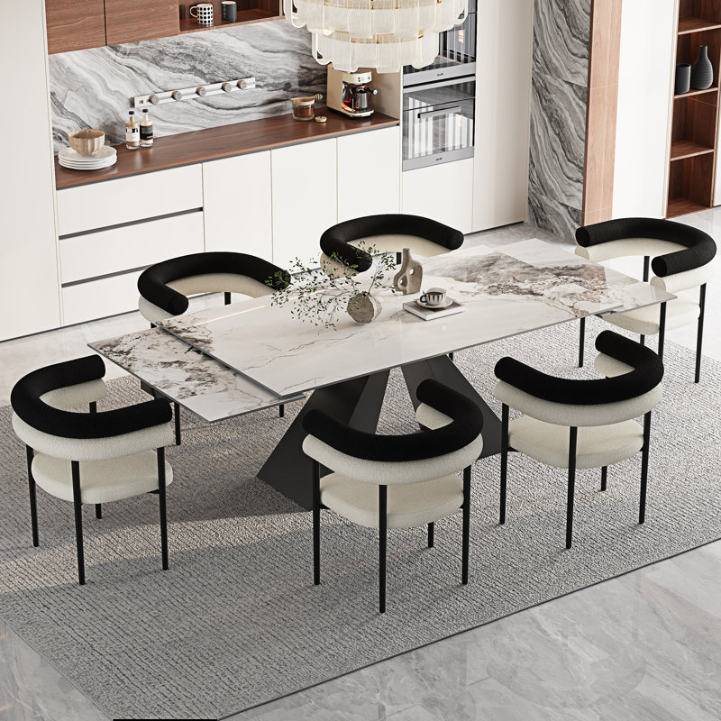 94.5'' Extendable Sintered Stone Dining Table With Upholstered Fabric Armchairs Dining Set, 7 Pieces: Table, 6 Chairs, Chanel