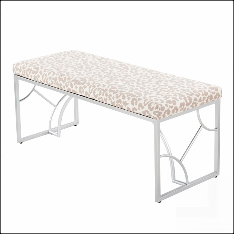 Banc contemporain en métal argenté et tissu léopard, Beige