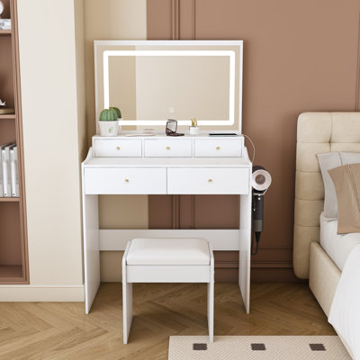 New Large Mirror Vanity Desk for Bed room , Modern Makeup Vanity Set with Power Outlet and Hair dryer holder, 5 Drawers , 3 Lighting Color Adjustable Dressing Table for Bedroom, White Color
