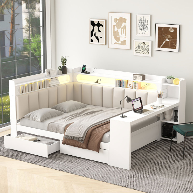 Full Upholstered Daybed With Desk, Charging Station And Storage, White