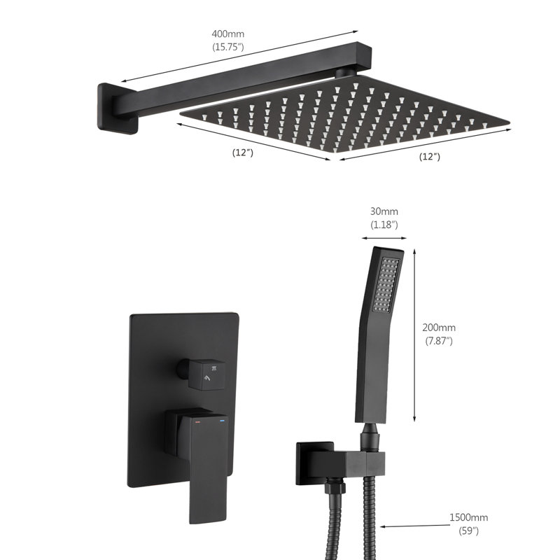 Douche murale en laiton noir mat de 12 po avec inverseur, débit d'eau réglable et tête de protection contre les brûlures, levier simple, fabrication