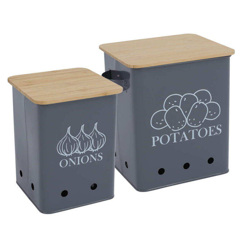 Ensemble de 2 boîtes de rangement pour légumes pour pommes de terre, oignon, avec couvercle en bois, Gris