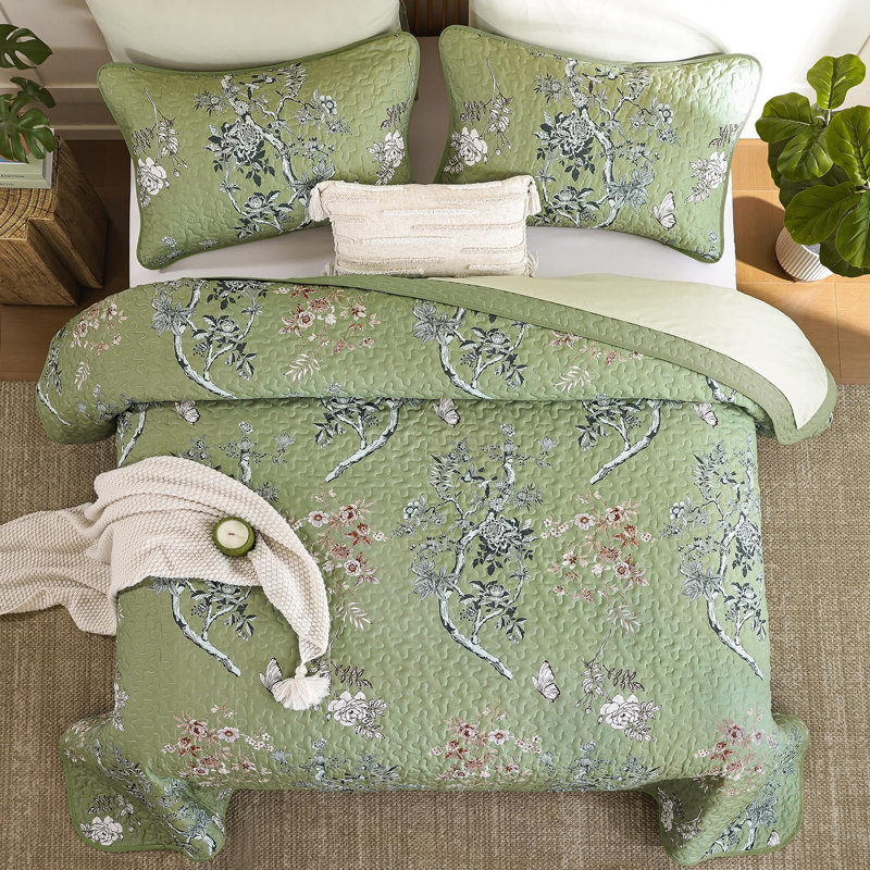 Ensemble de courtepointe à motif floral à motif de feuilles et de papillons 3 pièces, Mauve / Rouge