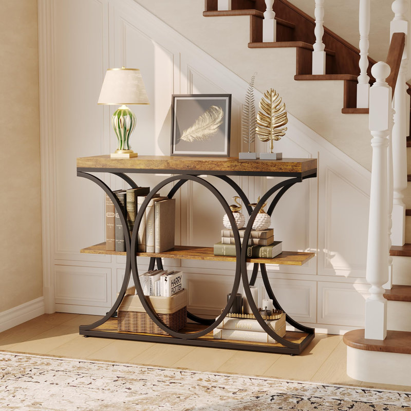 GarveeHome Industrial Modern Console Table for Entryway - 39" Narrow Half-Circle Gold Metal Base, 3-Tier Wooden Storage Shelves - Living Room, Hallway, Foyer Furniture Set