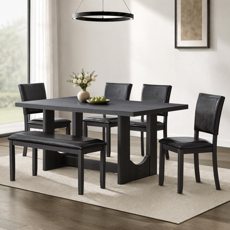 Ensemble de table de salle à manger 6 pièces avec 4 chaises rembourrées et banc, Dark Brown