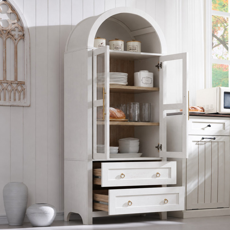 Grand garde-manger arqué de 71 po avec 2 grands tiroirs, armoires de cuisine de style campagne moderne avec tablettes réglables, porte vitrée, armoire en bois polyvalente pour la cuisine, salle à manger