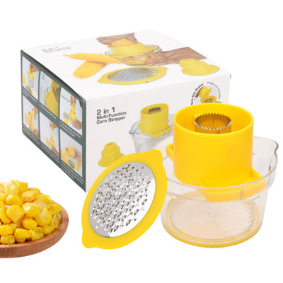 Dénoyauteur 2 en 1 avec contenant et râpe, plastique PP jaune et outil de cuisine en acier inoxydable