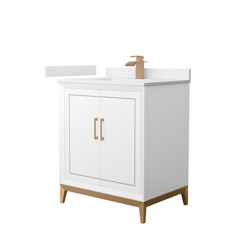 Ensemble de meuble-lavabo simple 30 po Marlena, Marbre de culture de Carrare, Blanc, Bronze satiné