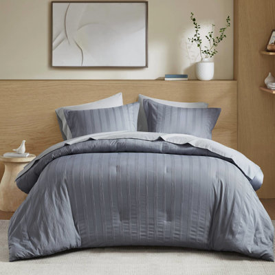 7 édredons très grand avec rayures tissées, rembourrage respirant et draps en microfibre à séchage rapide pour un look frais rayé, ton gris doux, pièces lavables à la machine