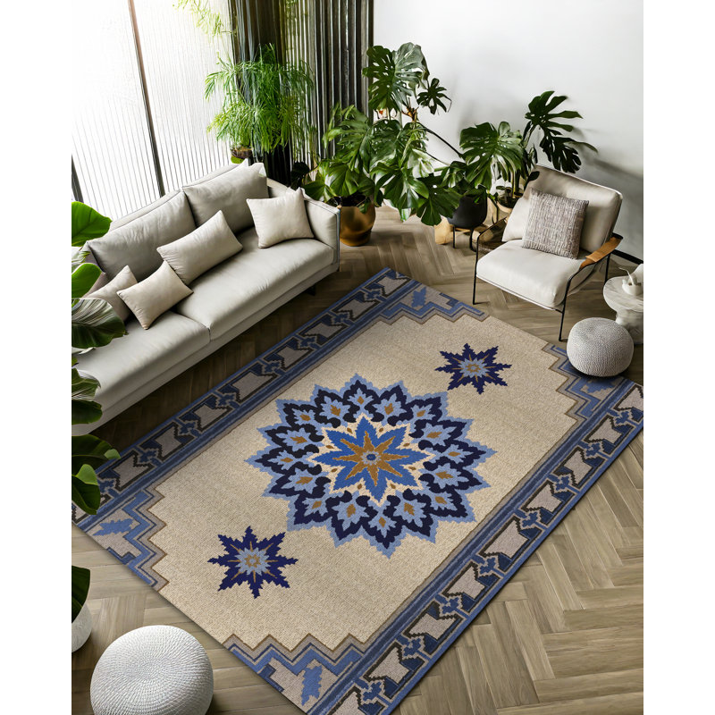 Lila Collection Digital Print Cotton-Polyester Navy Floral Rug, Rectangle 4' x 5'