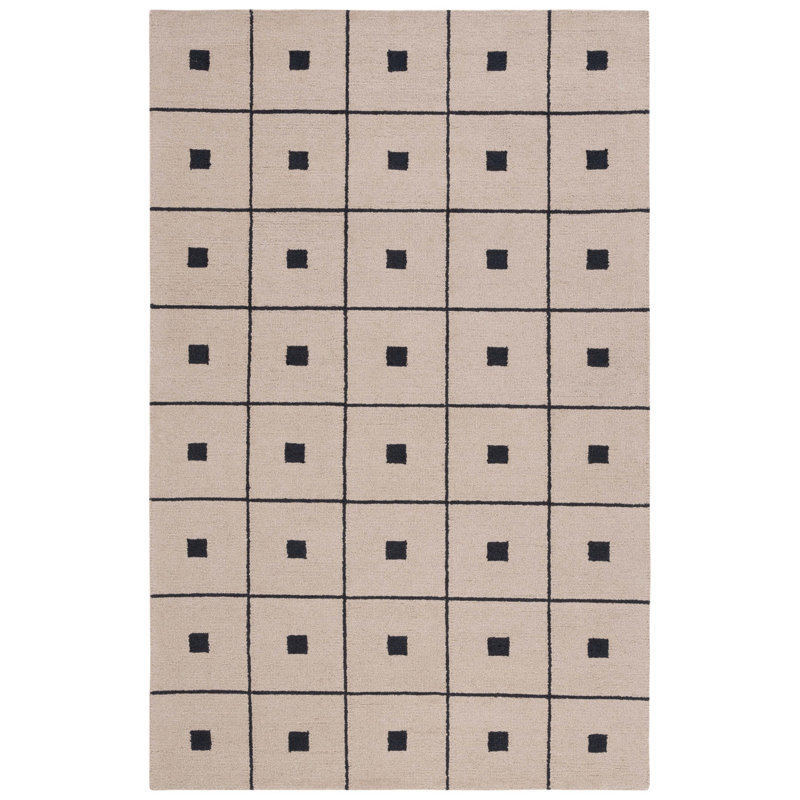 Beige and Black Geometric Hand Tufted Wool Area Rug