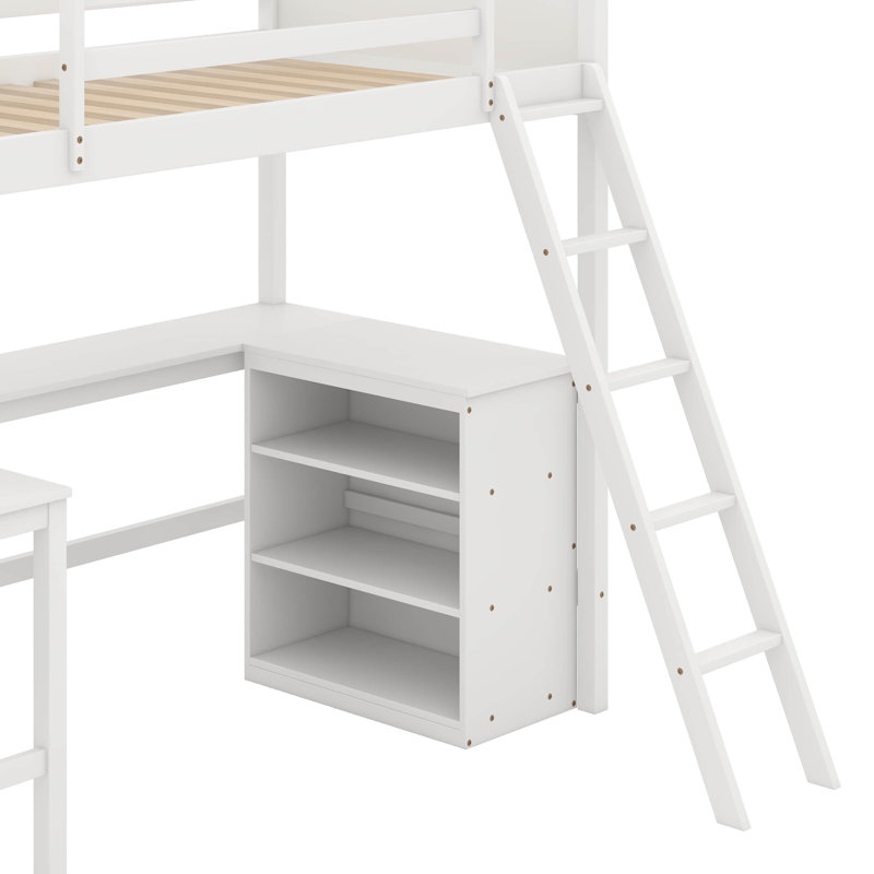 Lit mezzanine simple avec tablettes et bureau, Blanc