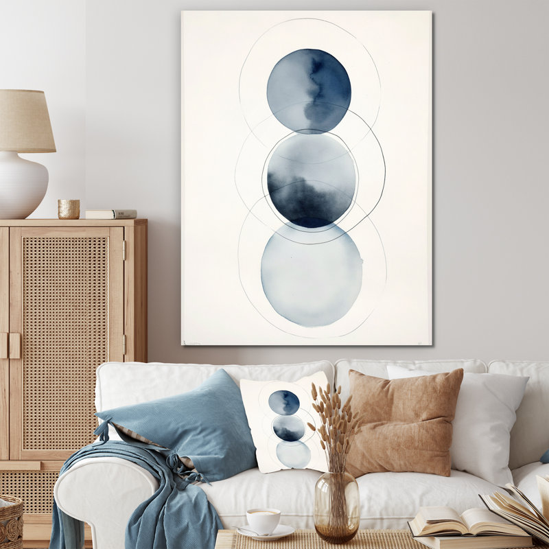 «Essential Circles Retro», aquarelle bleue sur toile, 20" H x 12" W, White Picture Framed