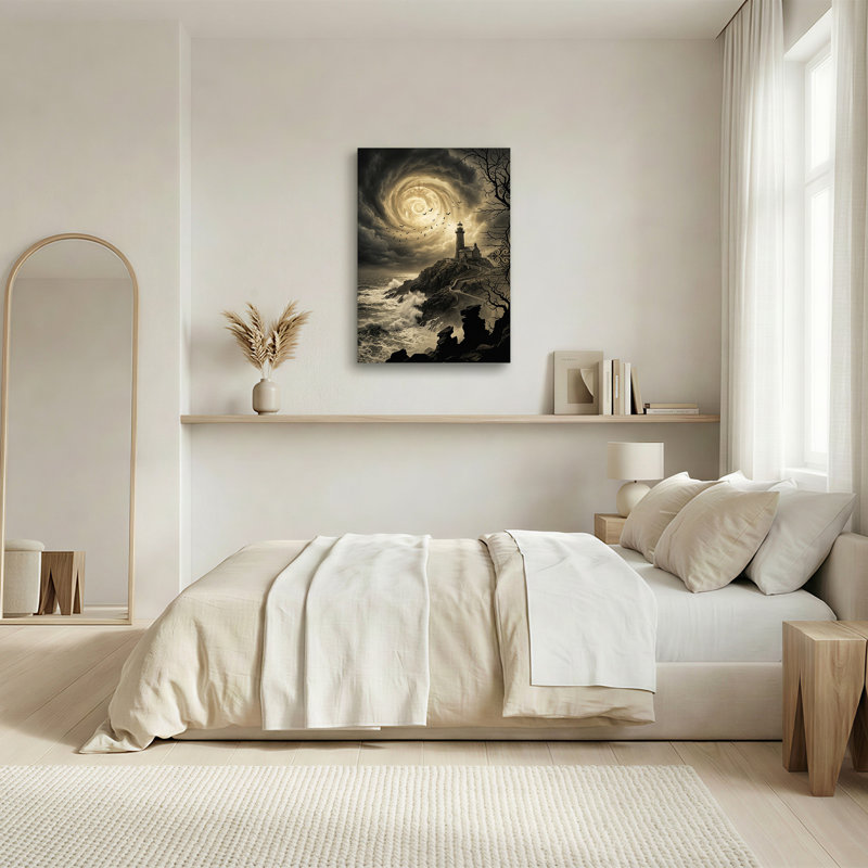 Art sur toile, "Phare sur une falaise orageuse avec lune tourbillonnante", 24"H x 16"W