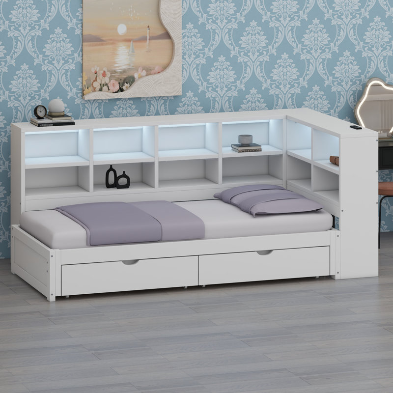 Daybed with Storage Drawers, LED Lighting & USB Charging Ports, White