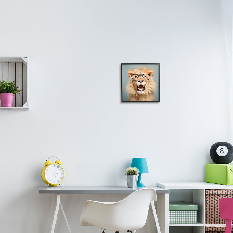 Lion rugissant à lunettes sur bois, Giclée encadrée noir minuit, H 12 po x l 12 po x P 1,5 po