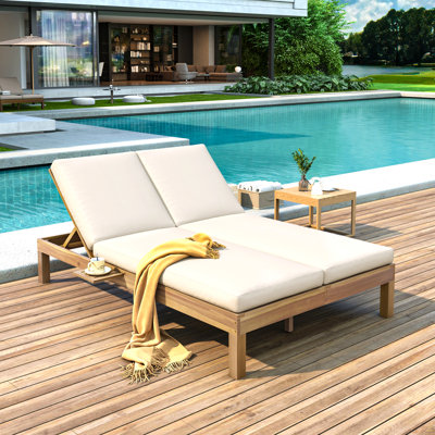 Chaise longue double à dossier réglable à 5 positions pour l'extérieur, chaise longue d'extérieur avec coussin et plateaux latéraux rabattables pour 2 personnes, chaise longue double pour le jardin près de la piscine, teck clair